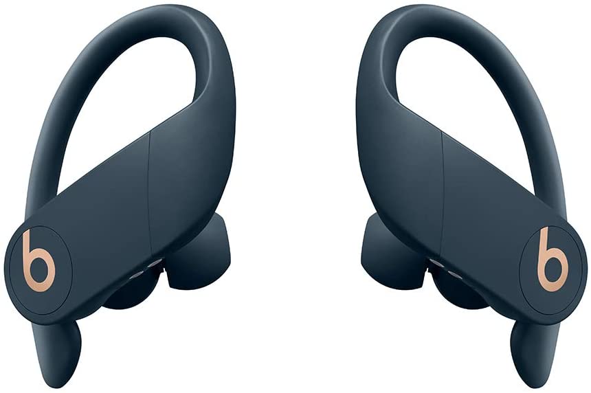 Photo 1 of Powerbeats Pro Wireless Earphones - Apple H1 Headphone Chip, Class 1 Bluetooth, 9 Hours of Listening Time, Sweat Resistant Earbuds, Built-in Microphone - Navy [ has bite marks on 1 ear bud / both earbuds are dirty and need to be cleaned ] power works and 