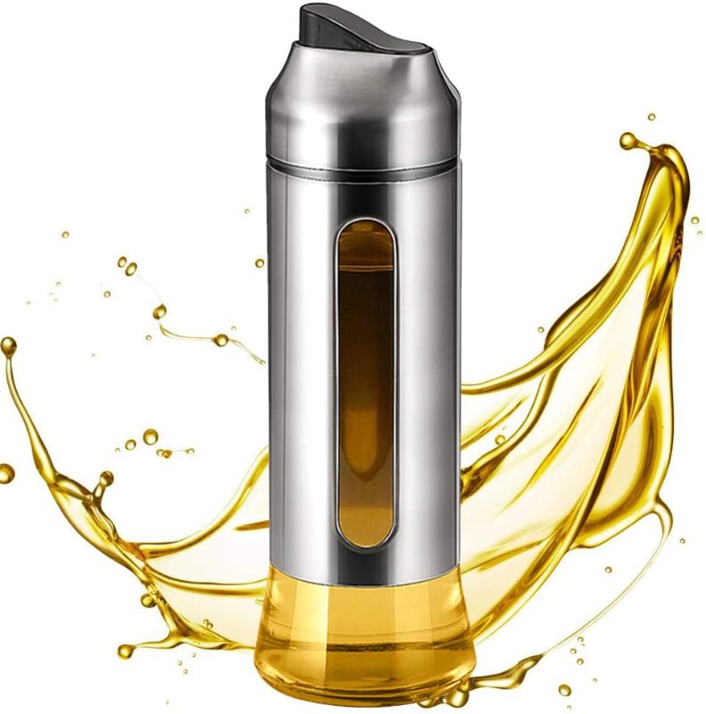 Photo 1 of 17 OZ 304 Stainless Steel Oil Bottle,Auto Flip Olive Oil Dispenser, Wide Opening Clear Glass Cruet Dispenser, Oil Drip Free Spout Bottle
