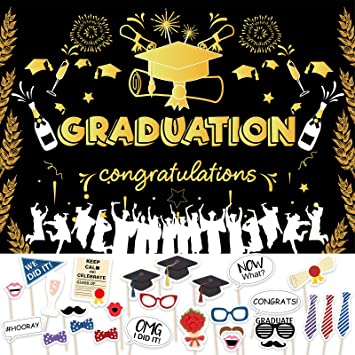 Photo 1 of 2022 Graduation Banner Party Supplies Photo Backdrop, Congrats Grad Photography Background Hanging Banner 7x5ft + 28 Pcs Photo Props Graduation Party Photo Booth Props Funny Selfie Graduation Decor
