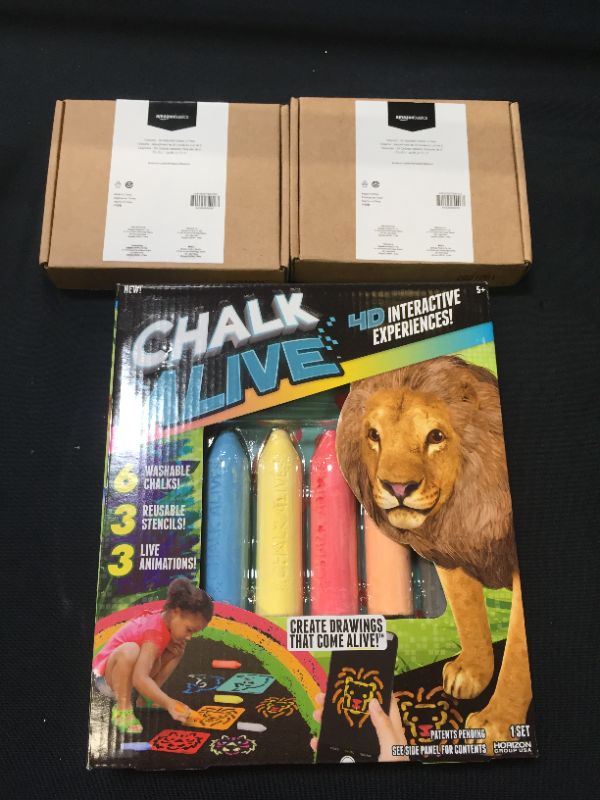 Photo 1 of 2 BOXES Amazon Basics Crayons - 24 Assorted Colors, 2-Pack ---  AND ONE BOX Chalk Alive by Horizon Group USA, Augmented Reality Chalk Art, Watch A Lion, Tiger & Dolphin Come Alive, Includes 6 Interactive Chalks, 3 Reusable Stencils

