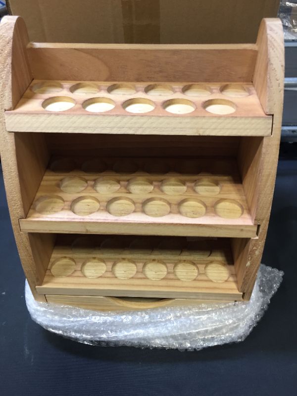 Photo 1 of ?Wooden Essential Oil Storage Essential Oils Holder Nail Polish Display Rack Cosmetic Display Cases with Drawer & 3 Tiers Removable Shelf, Holds 45 Bottles Size 5/10/15/20/30 ML --- 11.2 x 6.3 x 14.96 inches
