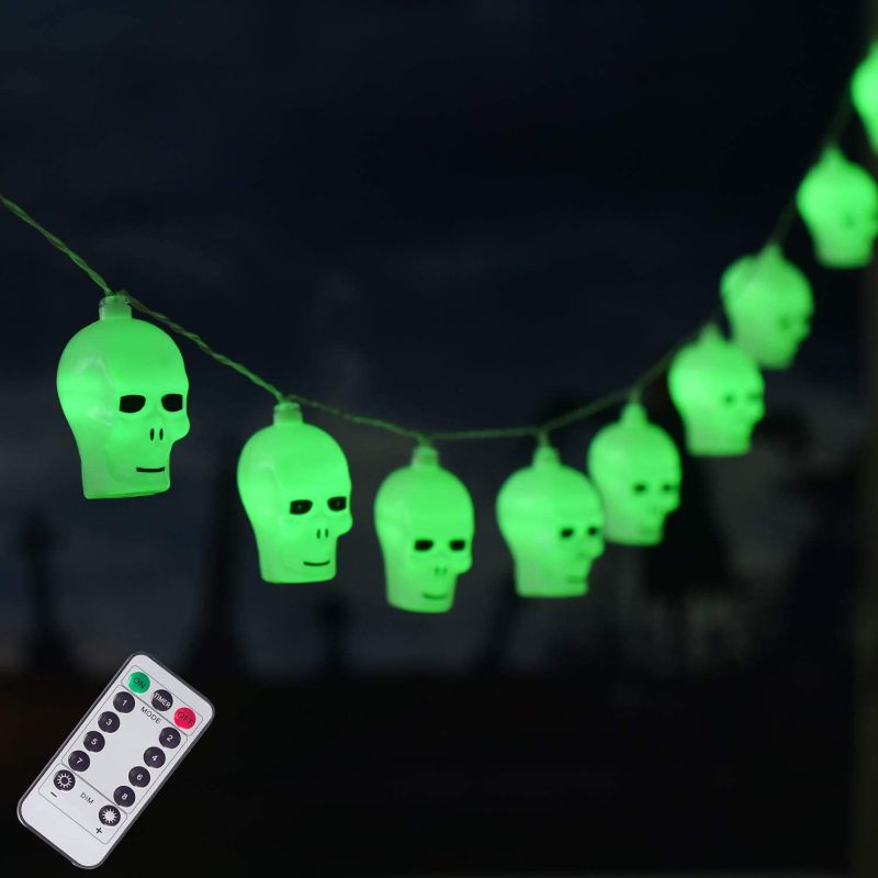 Photo 1 of 20 LED Halloween Skull String Lights, 8 Modes Fairy Lights with Remote, Waterproof Battery Operated Halloween Lights for Outdoor Indoor Party Patio Halloween Decoration (Green)