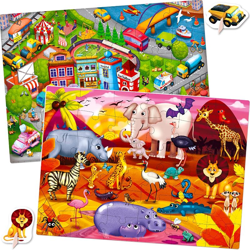 Photo 1 of 36 Pieces Toddler Puzzles for Kids Ages 3-5 by QUOKKA - 2 Floor Jigsaw Puzzles for Kids Ages 4-8 - Supplied with 12 Toy Figures for Educational Learning Games - Gift for Boy and Girl 2-4