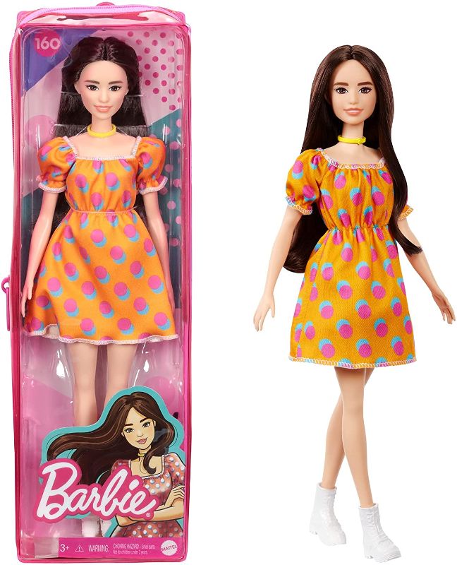 Photo 1 of Barbie Fashionistas Doll #160 with Long Brunette Hair Wearing Patterned Orange Dress, White Shoes & Yellow Choker, Toy for Kids 3 to 8 Years Old
