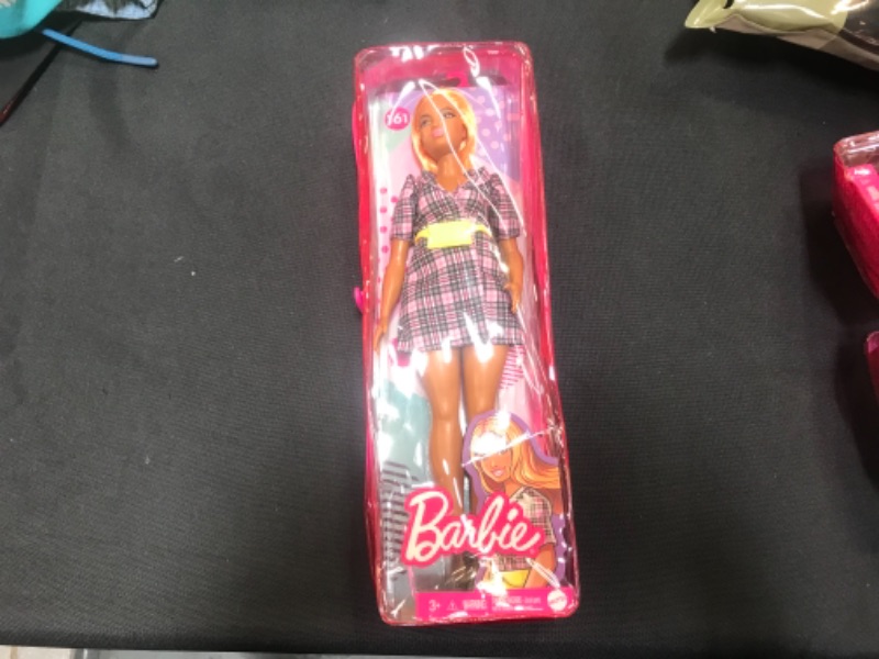 Photo 2 of Barbie Fashionistas Doll #161, Curvy with Orange Hair Wearing Pink Plaid Dress, Black Boots & Yellow Fanny Pack, Toy for Kids 3 to 8 Years Old
