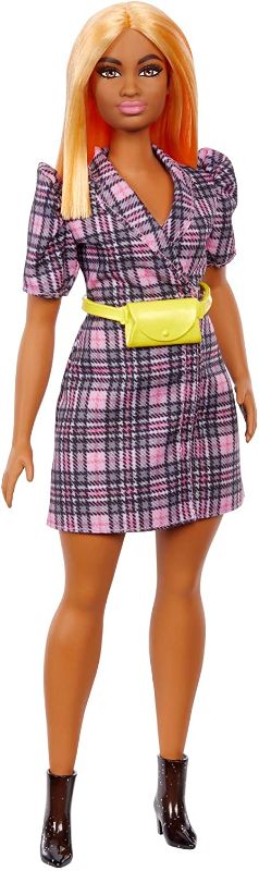 Photo 1 of Barbie Fashionistas Doll #161, Curvy with Orange Hair Wearing Pink Plaid Dress, Black Boots & Yellow Fanny Pack, Toy for Kids 3 to 8 Years Old
