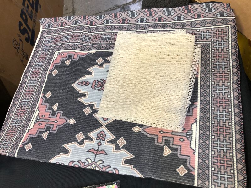 Photo 4 of 2 PCS Room Talks Persian Tribal Throw Rugs with Non-Slip Pad, Aztec Ethnic African Oriental Small Cotton Area Rug 2x3, Distressed Kilim Rug Floor Carpet for Kitchen Bathroom Washable (Charcoal Grey, 2x3)
