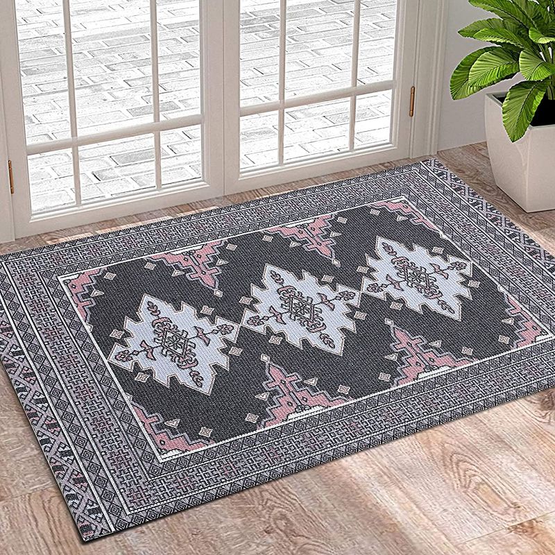 Photo 1 of 2 PCS Room Talks Persian Tribal Throw Rugs with Non-Slip Pad, Aztec Ethnic African Oriental Small Cotton Area Rug 2x3, Distressed Kilim Rug Floor Carpet for Kitchen Bathroom Washable (Charcoal Grey, 2x3)
