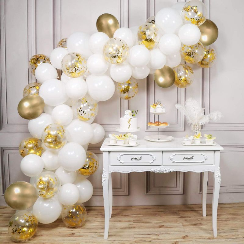 Photo 2 of -3 pack- 60pcs White Gold Balloon Garland Arch Kit 12Inch  White Gold Confetti Balloons Set for Birthday  
