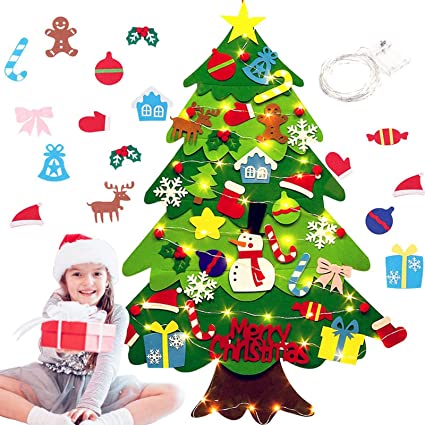 Photo 1 of 3.2ft Felt Christmas Tree Wall Hanging with 32 Ornaments and 50 LED Lights, Christmas Decorations for Kids 2
