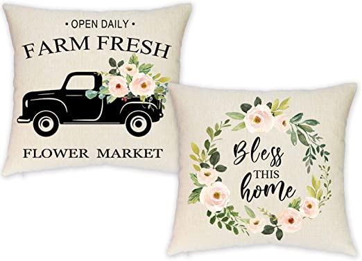 Photo 1 of   HEOFEAN Farmhouse Floral Pillow Covers 18x18 INCH Set of 2– Farmhouse Spring Truck Decorative Pillow Covers for Spring Decor