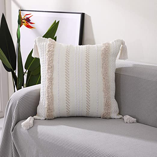 Photo 1 of DR.NATURE Boho Decorative Throw Pillow Covers 18x18 Inch Tribal Tufted Hand Woven Pillowcase with Tassels Square Pillow Sham Pillowcase Neutral Accent Cushion Cover for Couch Sofa Bed Bedroom
