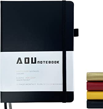 Photo 1 of AOU Leather wide Ruled Daily Journal A5 Planner Hardcover Medium Updated 2021 Design Notebook Lined Bullet Elastic Closure Line Journal Notes 100gsm 8 X 5.7 inch (Ruled-Black) --- PACK OF 2 
