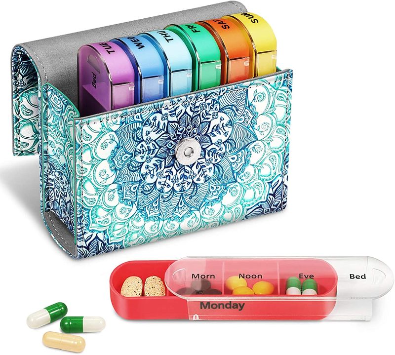 Photo 1 of 
FINPAC Weekly Pill Organizers 4 Times A Day, Slide Open PU Leather Case Travel Pill Vitamin Medicine Reminder and Planner with Name Card for Morning