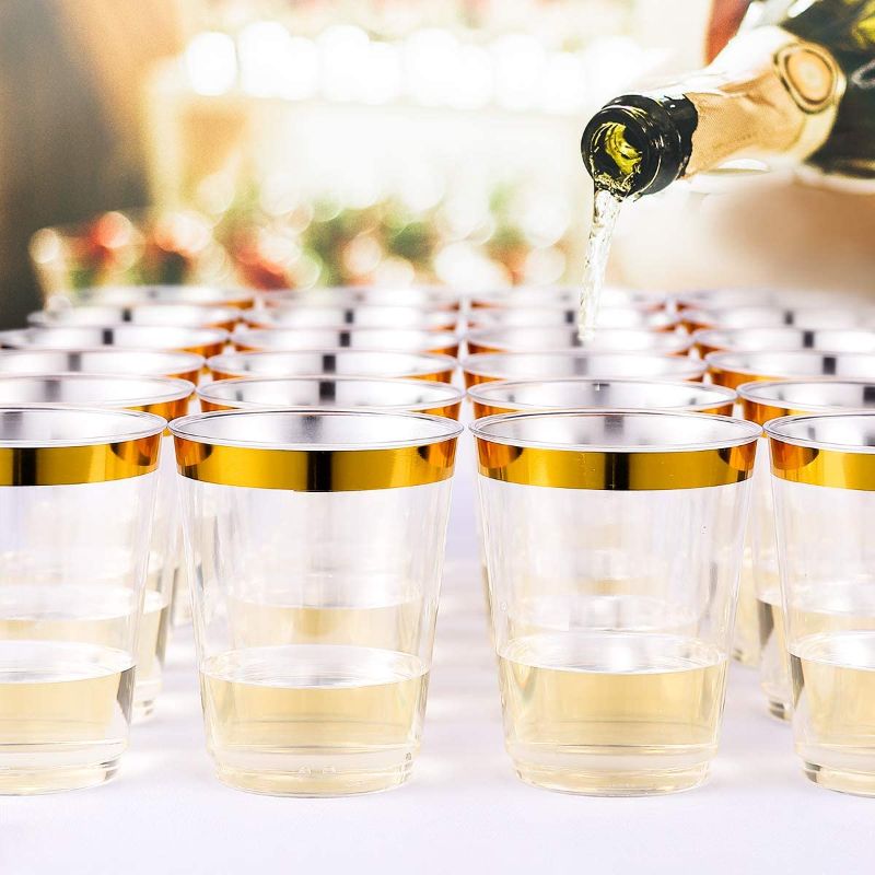 Photo 1 of 100 PACK Gold Plastic Cups,10 Oz Clear Plastic Cups Tumblers, Elegant Gold Rimmed Plastic Cups, Disposable Cups With Gold Rim Perfect For Wedding,Thanksgiving Day, Christmas,Halloween Party Cups