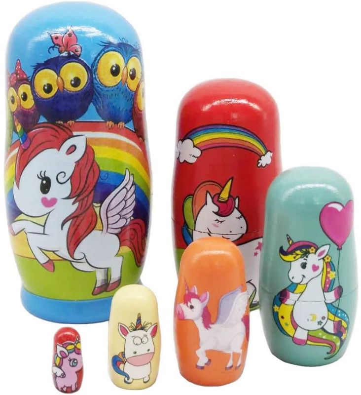 Photo 1 of Konrisa Unicorn Nesting Dolls for Boys Girls Owl Animal Theme Nesting Dolls Hand Painted Figurines Wooden Stacking Dolls Halloween Xmas Gifts Birthday Party Supplies,Set of 6