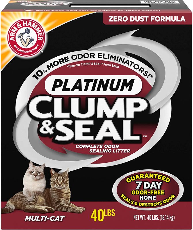 Photo 1 of ARM & HAMMER Clump & Seal Platinum Cat Litter, Multi-Cat, 40 lb BB  02 22 BOX HAS A HOLE WITH TAPE OVER IT 
