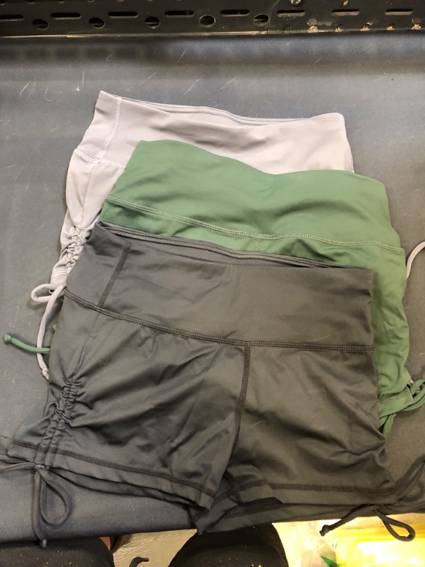 Photo 1 of WOMENS WORKOUT SHORTS WITH SCRUNCHIES ON SIDES SIZE MEDIUM GREY GREEN AND BLACK