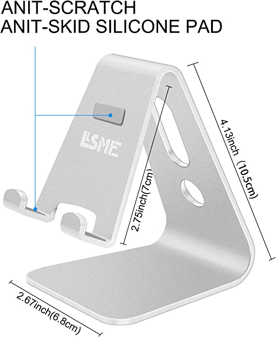 Photo 2 of Cell Phone Stand, LLSME Phone Holder, Cradle, Dock, Aluminum Desktop Stand Compatible with All Mobile Phone, iPhone, iPad Air/Mini - Silver