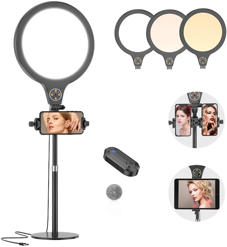 Photo 1 of 10" Desktop Ring Light with Stand, 2 in 1 Phone/Tablet Mount, Premium Soft Studio Light with Wireless Remote Shutter for Makeup/Selfie/Video/Live Stream, Compatible with iOS/Android
