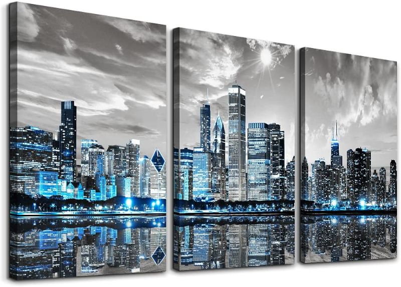 Photo 1 of 3 Piece Canvas Wall Art for Living Room Modern City Picture Wall Decor for Bedroom Office Dining Room Bathroom Kitchen Wood Framed Night Scene Prints Paintings for Home Decorations (12*16 inches*3 pcs, Blue Modern City)
