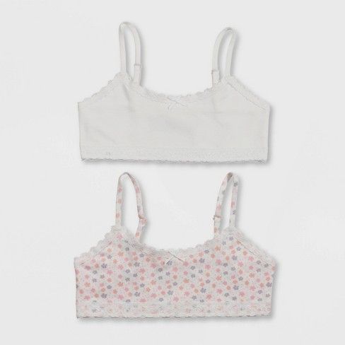 Photo 1 of Hanes Girls' 2pk Cotton Bra with Lace - White/Floral Print XL