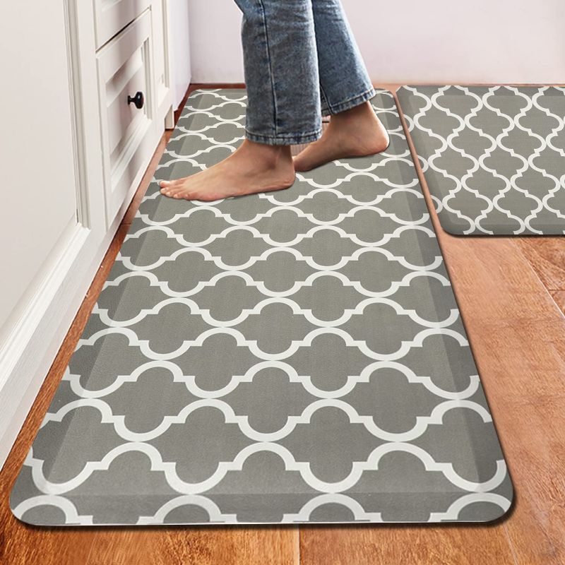 Photo 1 of Homcomoda 2 Piece Cushioned Kitchen Rugs Anti Fatigue Floor Mats Non Slip Waterproof Kitchen Mats Extra Thick PVC Ergonomic Standing Mats for Kitchen Sink Office Farmhouse 17"x28"+17" x39”, Grey
