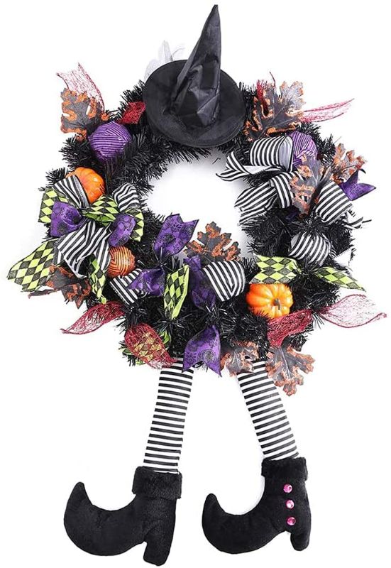 Photo 1 of FLASH WORLD 24 Inch Witch Halloween Wreath,Hat Legs Pumpkin Door Decorations, Artificial Handmade Wreath for Front Door or Indoor Wall Décor to Celebrate Halloween
-- factory sealed -- 