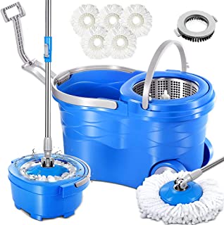 Photo 1 of 360 Spin Mop and Bucket System with 5 Reusable Microfiber Mop Heads and 1 Cleaning Brush Spining Mop Bucket Set with Wringer on Wheels and Collapsible Handle. Minor Use.