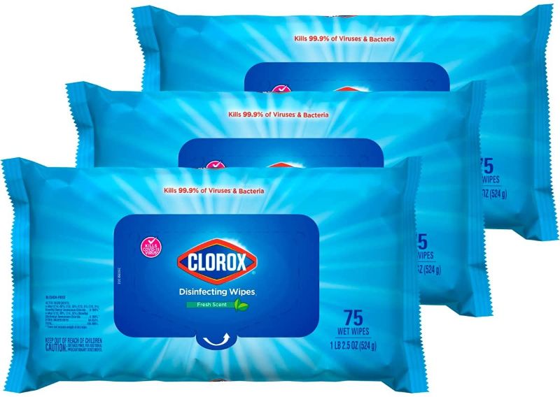 Photo 1 of 2 packs of Clorox Disinfecting Wipes, Bleach Free Cleaning Wipes, Fresh Scent, Moisture Seal Lid, 75 Wipes, Pack of 3 (New Packaging)
