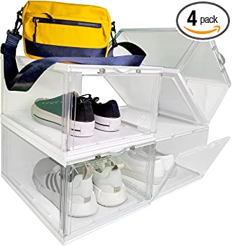 Photo 1 of K. Essentials Shoe Boxes - Clear Plastic Stackable, Sturdy Shoe Organizer for Closet - XL Long Large Sized, Hard Plastic, Grab and Go Magnetic Shoe Storage Boxes (Pack of 4), White
