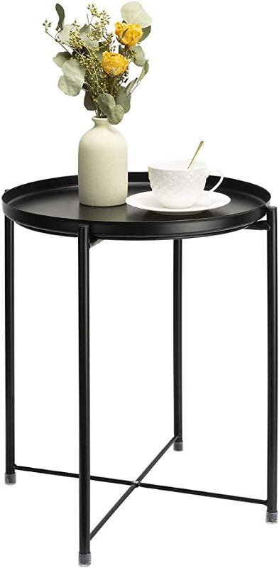 Photo 1 of danpinera Side Table Round Metal, Outdoor Side Table Small Sofa End Table Indoor Accent Table Round Metal Coffee Table Waterproof Removable Tray Table for Living Room Bedroom Balcony Office Black
