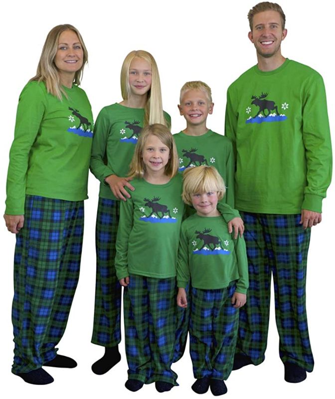 Photo 1 of Mad Dog Concepts Matching Family Green Plaid Moose Christmas Holiday Pajamas Set + Slipper Socks
 (BOYS SIZE M (8)