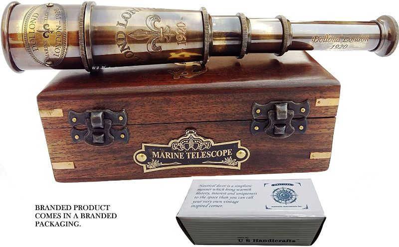 Photo 1 of DOLLOND London 1920 Marine Collectible Décor Nautical Spyglass Antique Mounted Solid Brass 15 Inch Pirate Telescope with Wooden and Branded corrugate Box.
