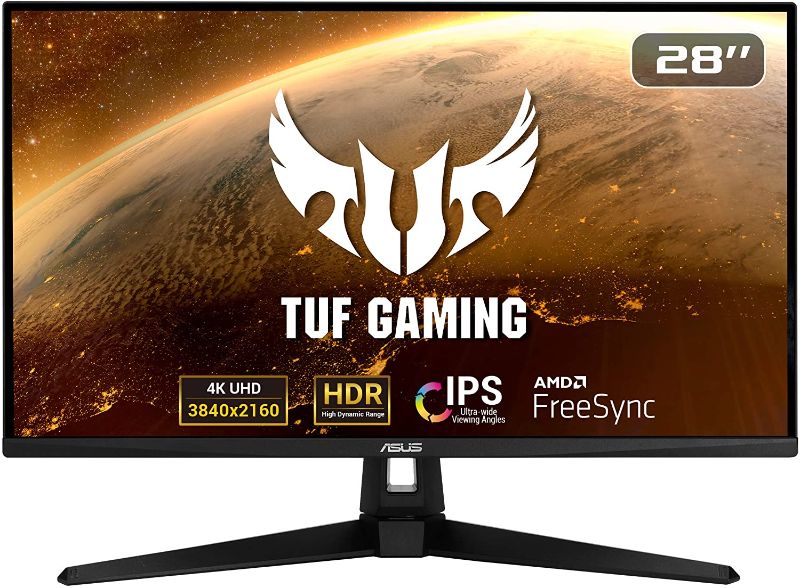 Photo 1 of ASUS TUF Gaming VG289Q1A 28” HDR Monitor, 4K UHD (3840 x 2160), IPS, Adaptive-Sync/ FreeSync, Eye Care, DisplayPort HDMI, DCI-P3 HDR 10, Shadow Boost, Black---MISSING ALL CABLES AND POWER CORD---ITEM IS NOT IN ORIGINAL PACKAGING---ITEM IS DIRTY---
