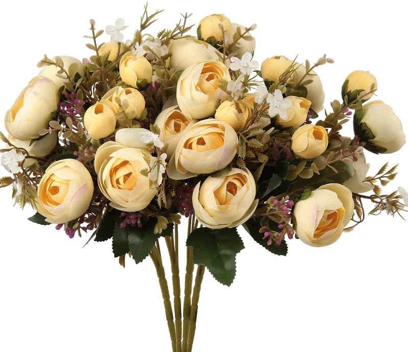 Photo 1 of DILATATA Fake Peonies Artificial Roses Flower Bouquets Silk Roses Branch Vintage Faux Rose Bush Shabby Chic Silk Peony-Yellow Roses Artificial Flowers for Vase for Home Decor 4 Bouquet
