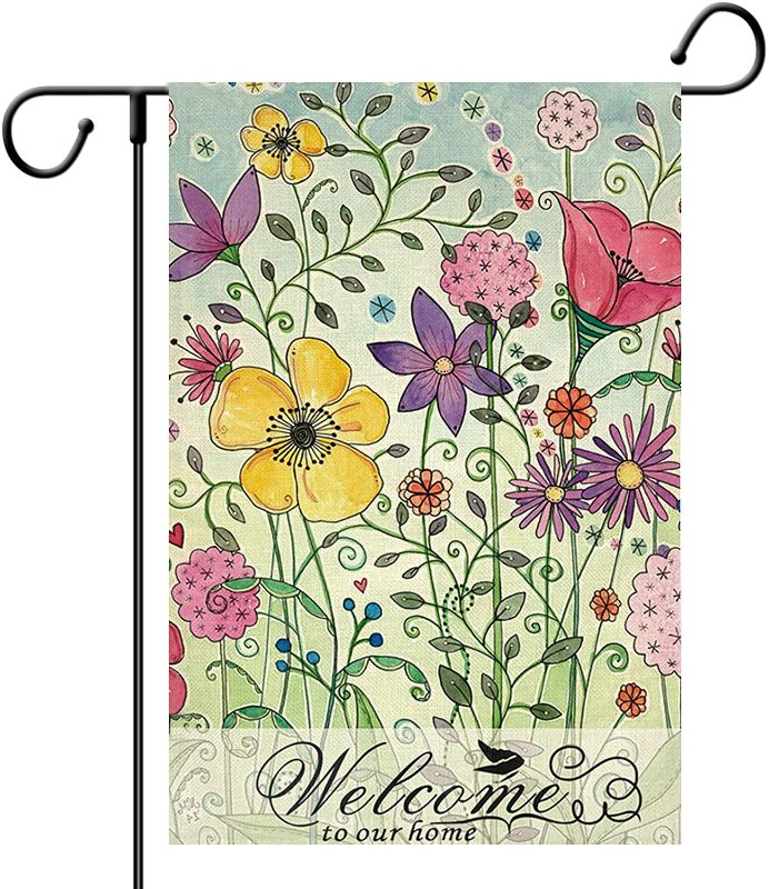 Photo 1 of CHICHIC Garden Flag - Double Sided Porch Flag Welcome Lawn Flags Burlap, 11.8x 17.7 Inch, Flower---2 PACK---