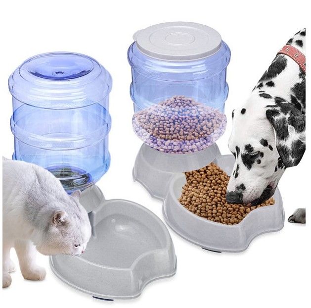 Photo 1 of 2 Pack Automatic Cat Feeder and Water Dispenser in Set with Pet Food Mat for Small Medium Dog Pets Puppy Big Capacity 1 Gallon x 2