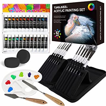 Photo 1 of Acrylic Paint Set, TAVOLOZZA 42pcs w/ 24 Colors Acrylic Paints, 12 Painting Brushes, 2 Palette Knives, Sponge Balls, Mixing Palette