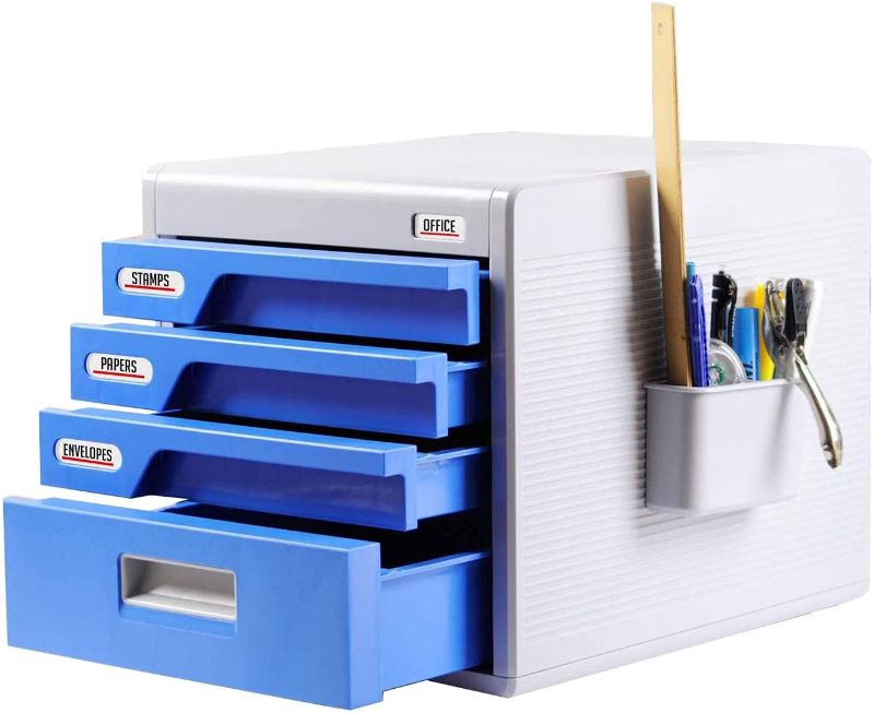 Photo 1 of Locking Drawer Cabinet Desk Organizer - Home Office Desktop File Storage Box w/ 4 Lock Drawers, Great for Filing & Organizing Paper Documents, Tools, Kids Craft Supplies - SereneLife SLFCAB20
