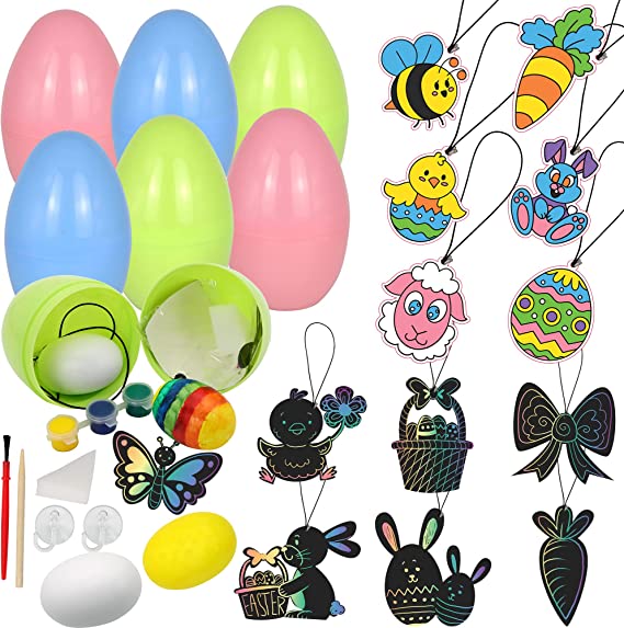 Photo 1 of 12 PCs Prefilled Easter Eggs with DIY Art & Craft Painting Kit Includes Paintable Wooden Fake Eggs, Suncatchers and Scratch Card Ornaments, Decorate Your Own Kids Creativity Easter Basket Stuffers
