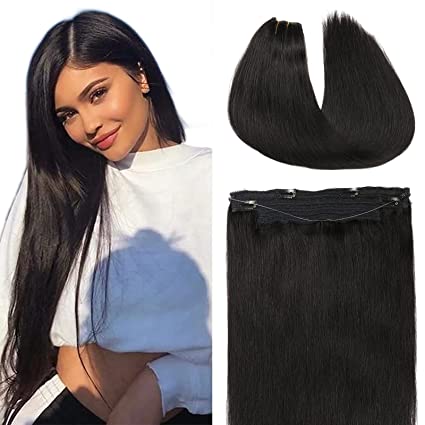 Photo 1 of Halo Hair Extensions Real Human Hair, Rubygaga Secret Extensions 16 inch 90g Hand-Made Double Weft Straight Invisible Wire Extensions Natural Black Halo Extensions
