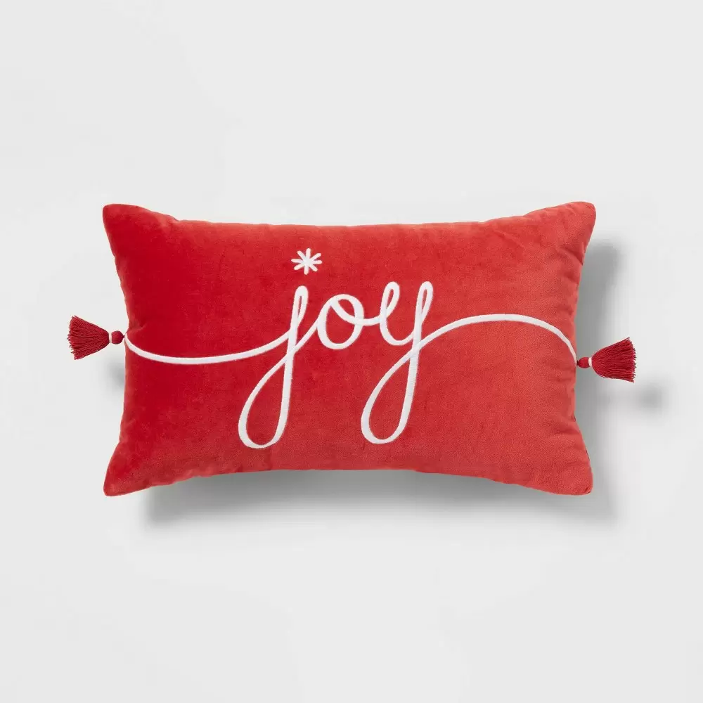 Photo 1 of 6 pack Joy' Velvet Embroidered Lumbar Christmas Throw Pillow Red/Ivory - Threshold
