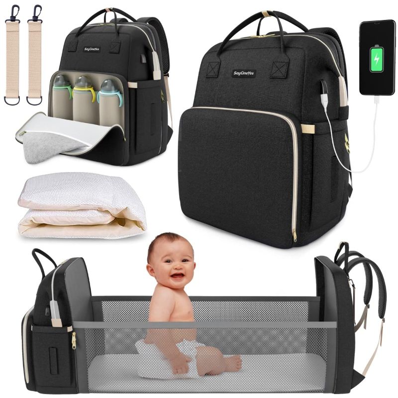 Photo 1 of Sayoneyes Luxury Baby Diaper Bag - Multifunctional Baby Bag Backpack with Changing Station - Stroller Strap Large Capacity Diaper Changing Pad & USB Charging Port (Black)
