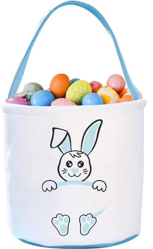 Photo 1 of Easter Bunny Basket Egg Bags for Kids, Canvas Cotton Personalized Candy Egg Basket Rabbit Print Buckets Gifts Bags for Easter
