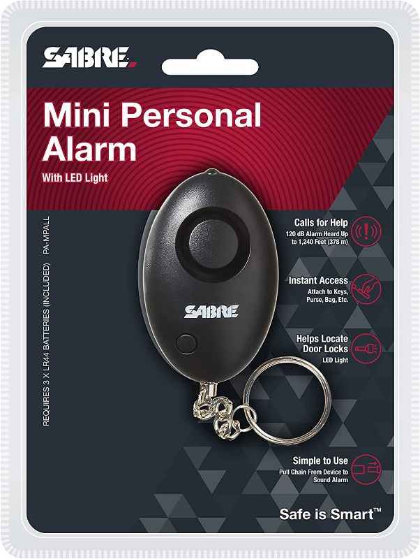 Photo 1 of SABRE PA-MPALL Personal Self-Defense Safety Alarm on Key Ring with Loud Dual Siren Heard up to 500 ft/150 Meters Away. to Use, Pull Metal Chain from Base

