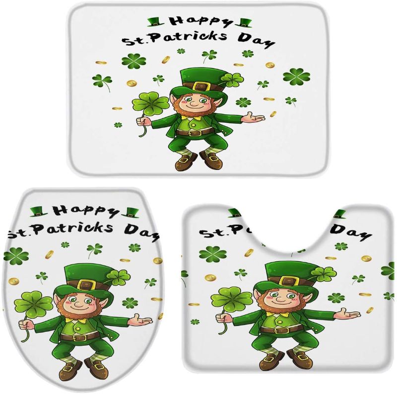 Photo 1 of 3-Piece Bath Rug and Mat Sets,St.Patrick's Day Leprechaun Gold Coins Non-Slip Bathroom Decor Doormat Runner Rugs, U-Shaped Toilet Floor Mats, Toilet Seat Cover White Green
