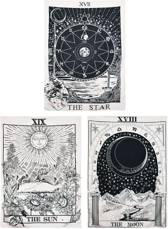 Photo 1 of BLEUM CADE Tarot Tapestry The Moon The Star The Sun Tapestry Medieval Europe Divination Tapestry Wall Hanging Tapestries Mysterious Wall Tapestry for Home Decor (Pack of 3, 70 x 92 Inches)
