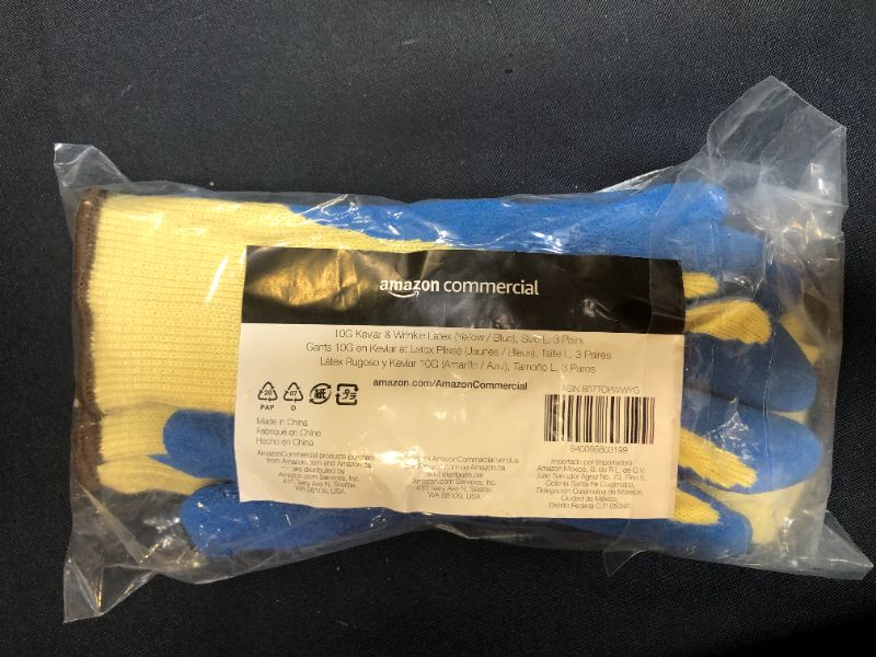 Photo 2 of AmazonCommercial 10G Kevlar & Wrinkle Latex (Yellow/Blue), Size L, 3 Pairs
