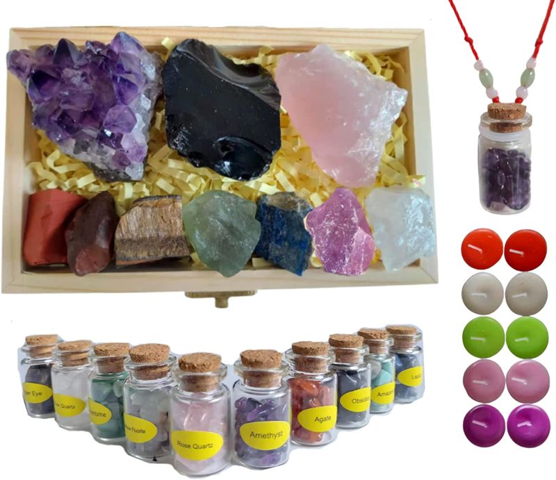 Photo 1 of Healing Crystals Gift Set with Wooden Box,30 PCS,Chakra Synergy Collection for Witchcraft,10 Gemstone Chip bottles,10 Raw Chakra Stones,10 Colored Magic Candles, Necklace Cord, Gift ready, Reiki Wicca
